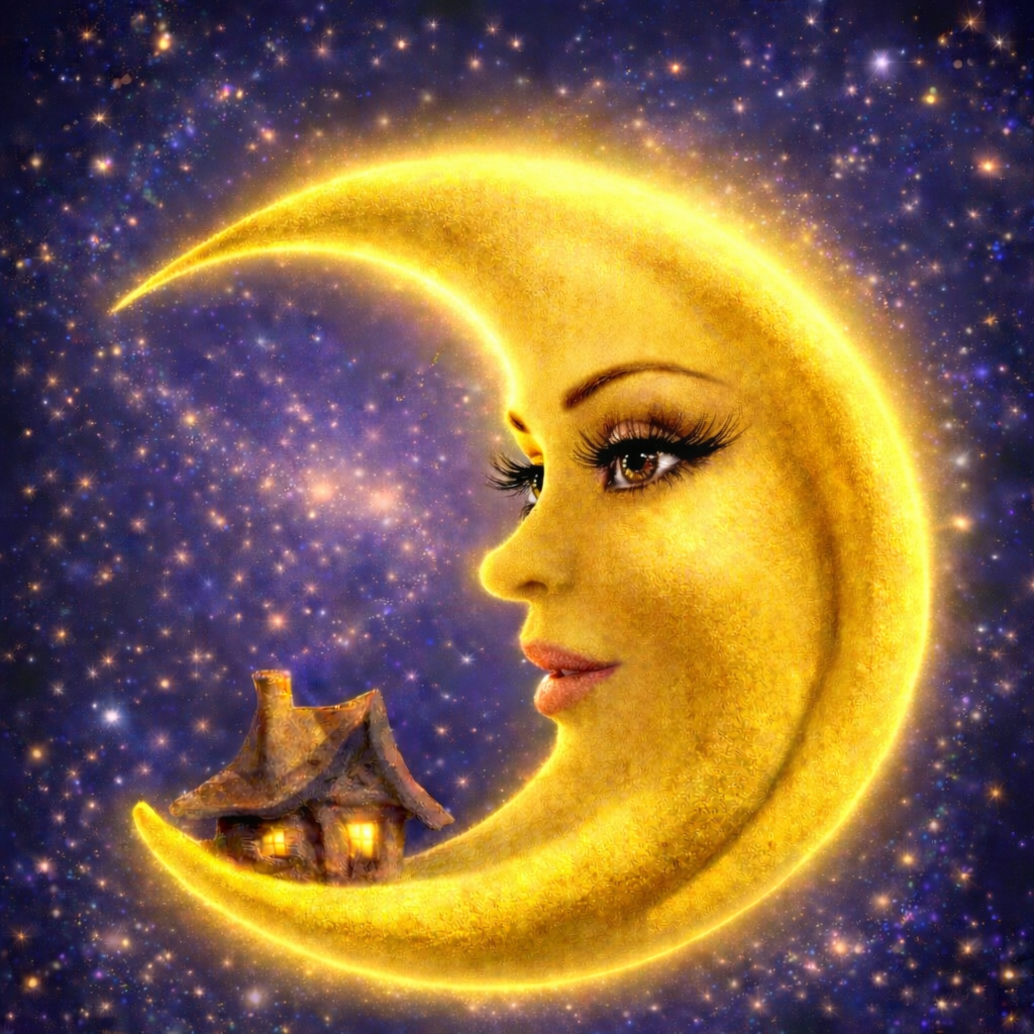 Madame la Lune dans le ciel étoilé.